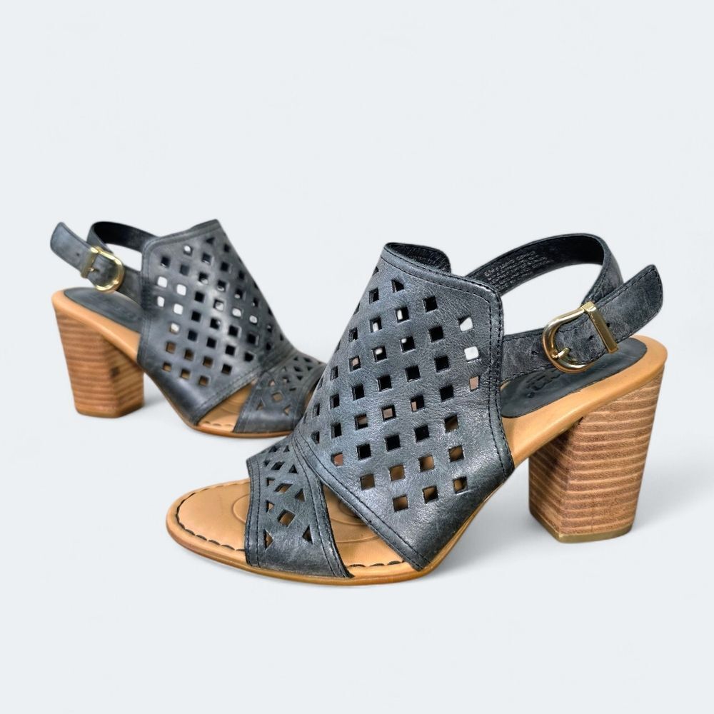Born Havana Leather Laser Cutout Block Heel Slingback Sandals Size 6